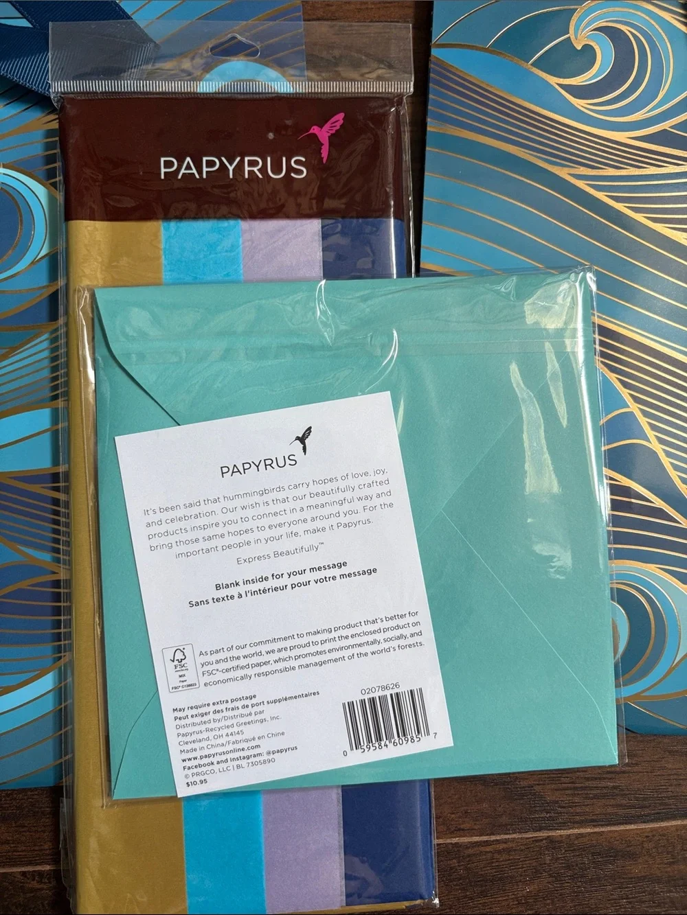 🆕Papyrus “Modern Waves” Gift Bag, Tissue And Card Bundle